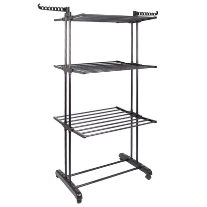 4-Tier Folding Metal Wheeled Clothes Airer - Black
