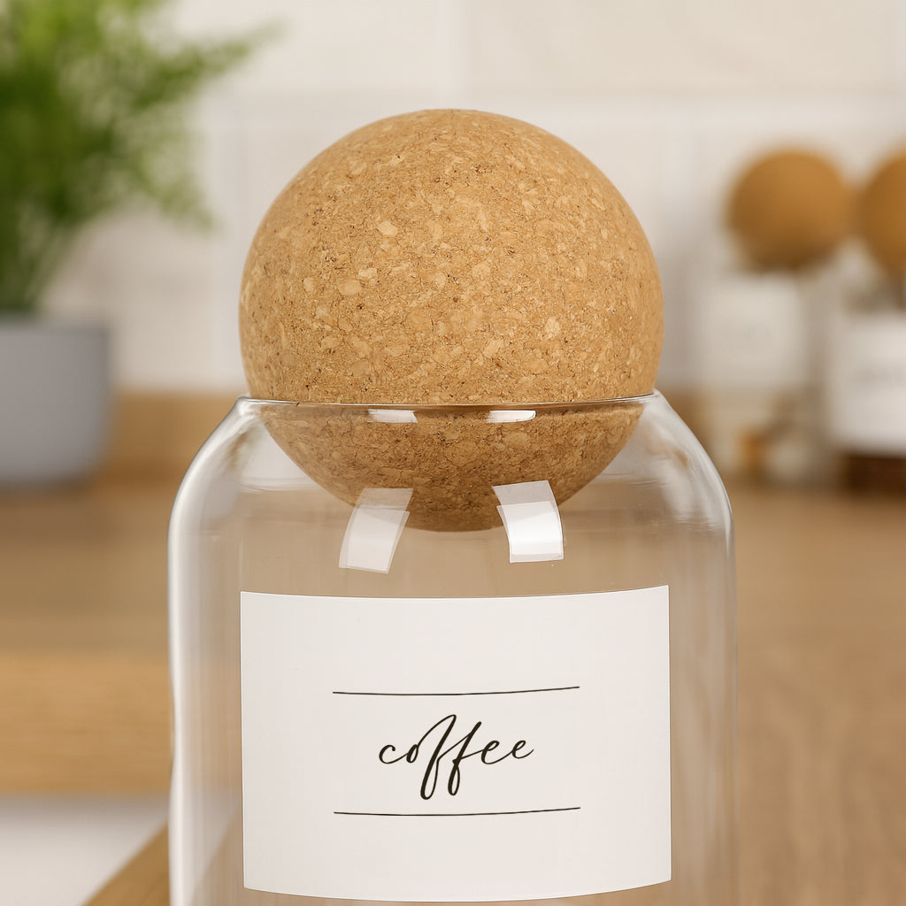 Cork Ball Lid Glass Tea Coffee Sugar Jars - Pack of 3