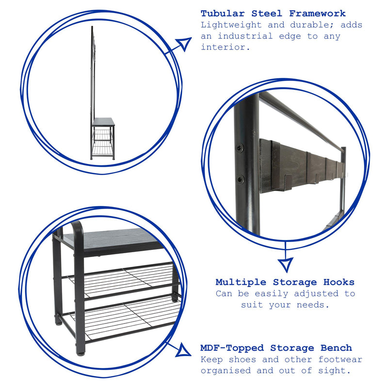 Square Steel Coat Rack with Shoe Storage Bench - By Harbour Housewares