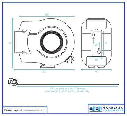 2 x 15M Retractable Dual Cord Washing Line - Grey