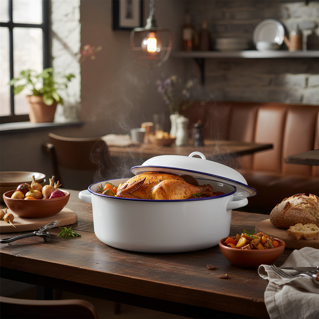 White Round Enamel Roaster - 30cm - Blue