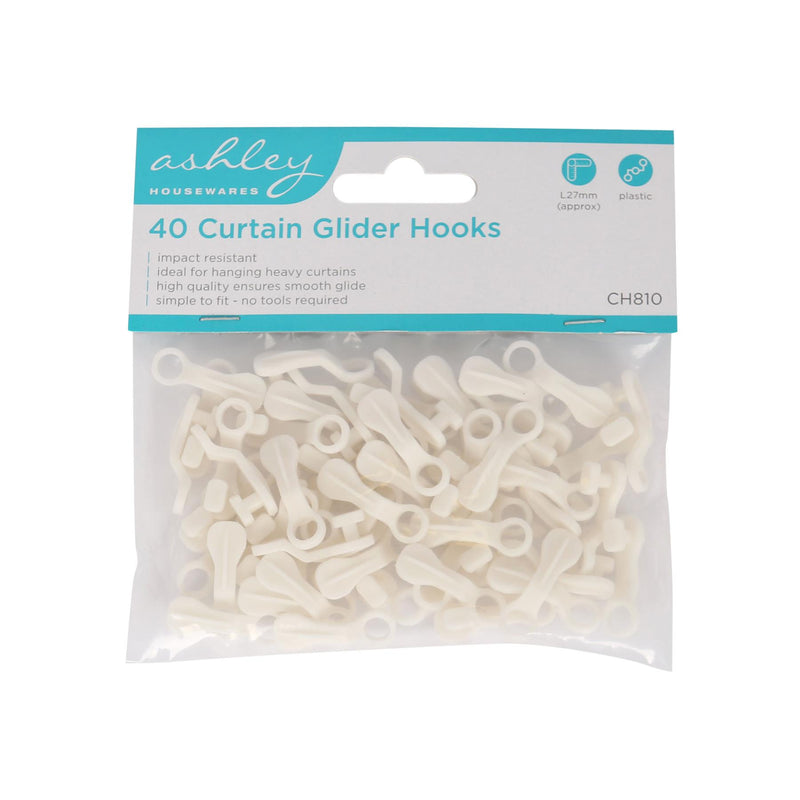 Plastic Glider Curtain Hooks - White - Pack of 40 - By Ashley