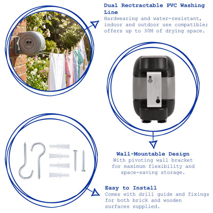 2 x 15M Retractable Dual Cord Washing Line - Black