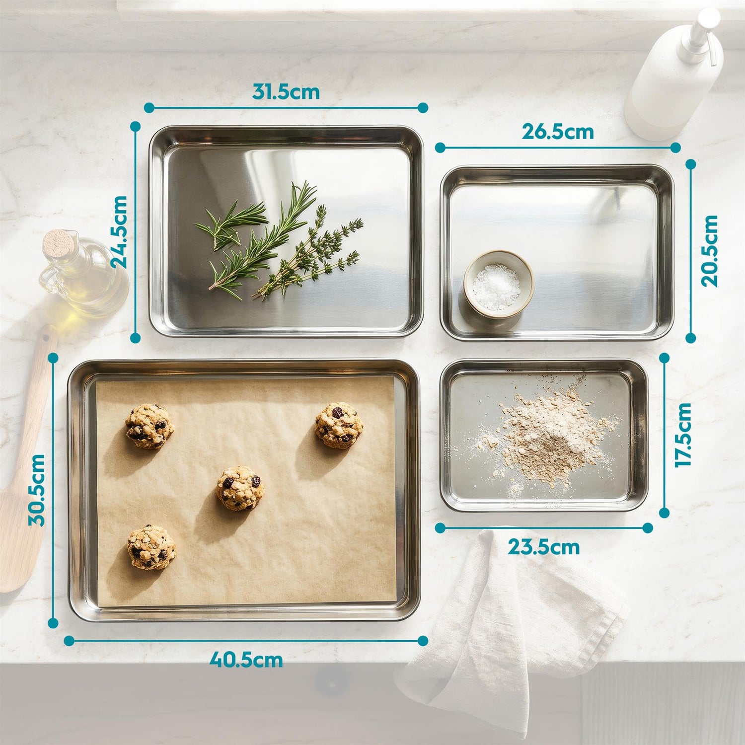 4 Piece Stainless Steel Baking Tray Set - 4 Sizes