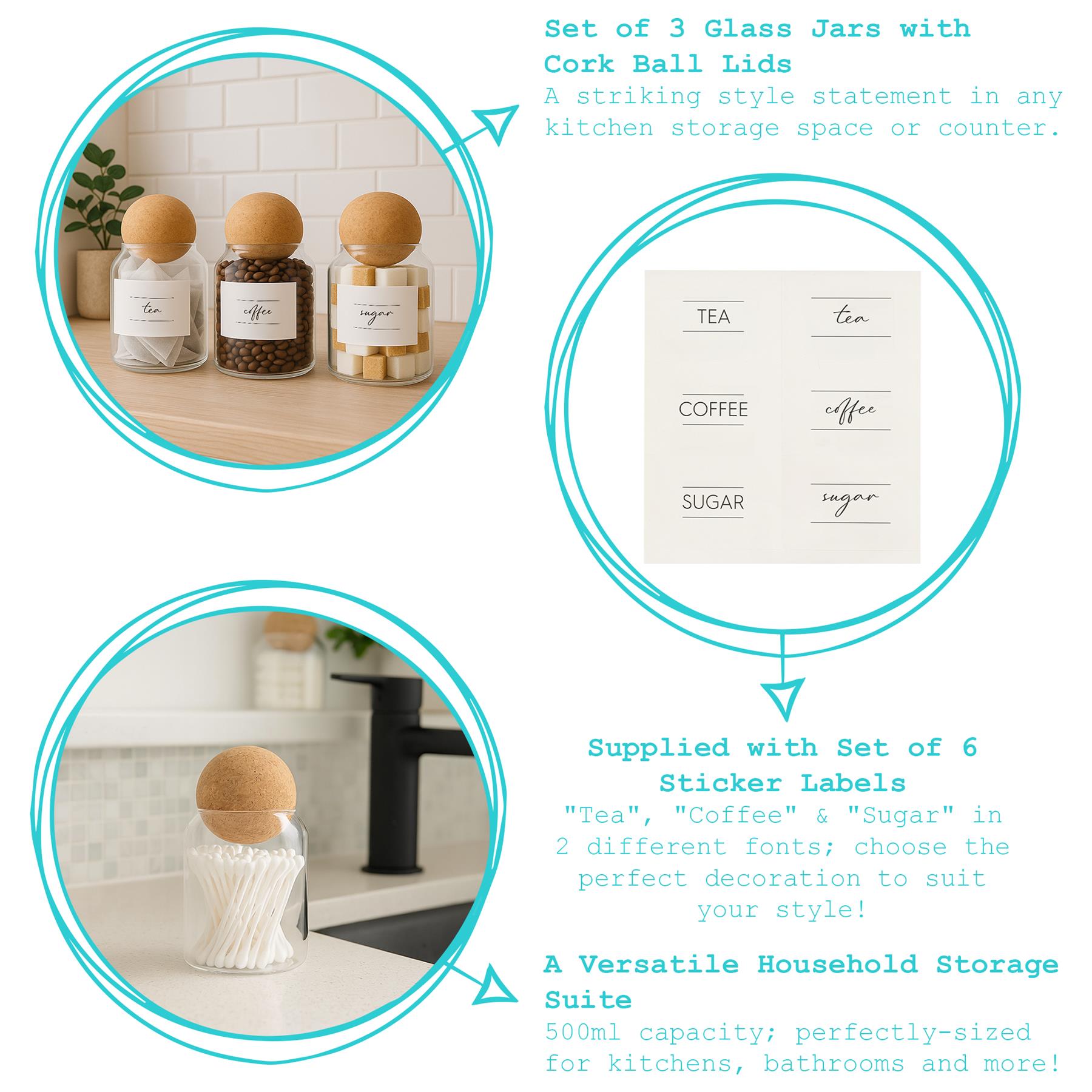 Cork Ball Lid Glass Tea Coffee Sugar Jars - Pack of 3