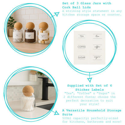 Cork Ball Lid Glass Tea Coffee Sugar Jars - Pack of 3