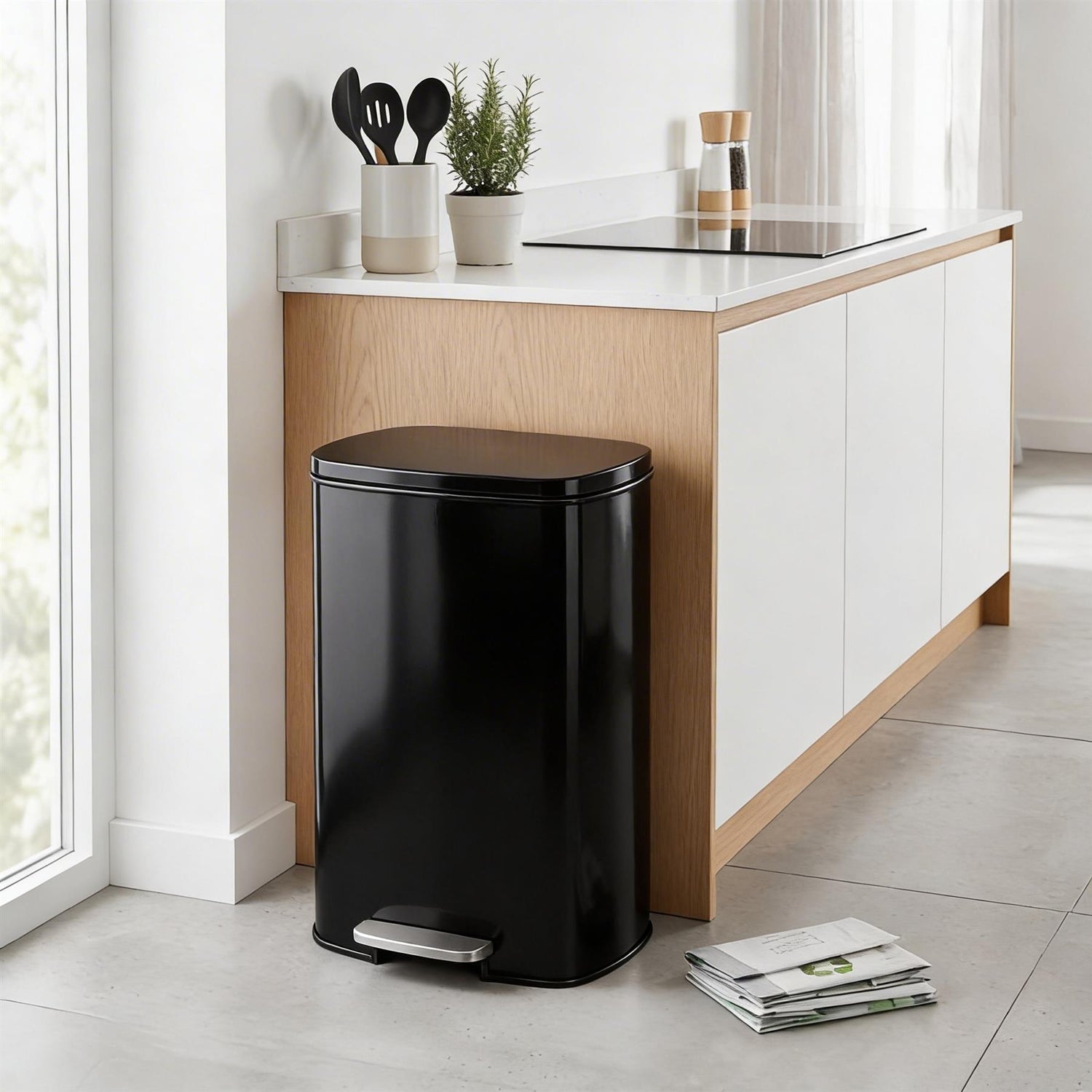 50L Square Stainless Steel Kitchen Pedal Bin - Black