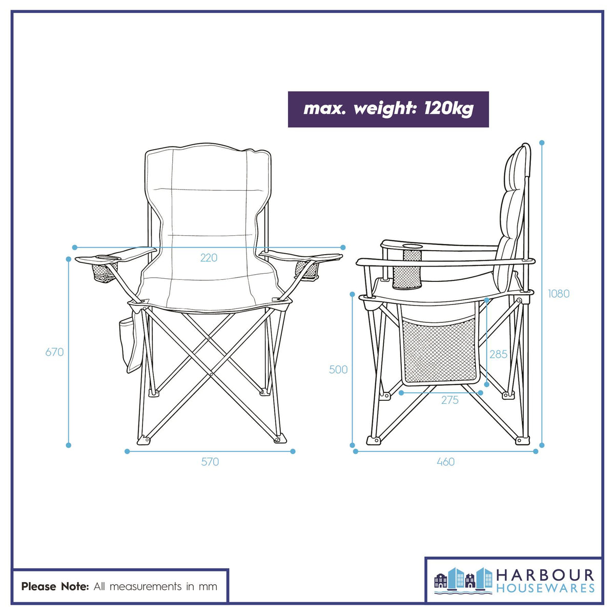 Padded Folding Camping Chairs Set - Black/Grey - Pack of 2