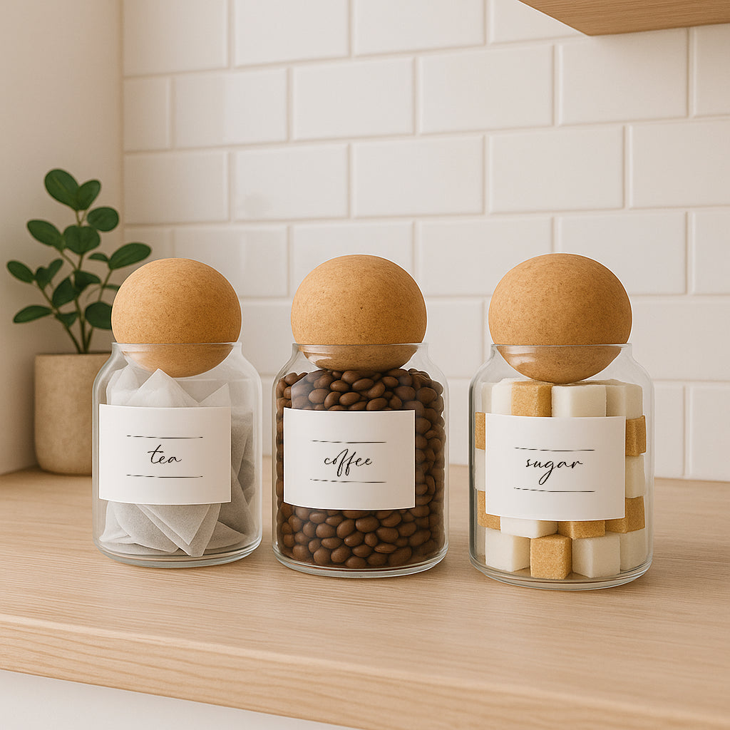 Cork Ball Lid Glass Tea Coffee Sugar Jars - Pack of 3