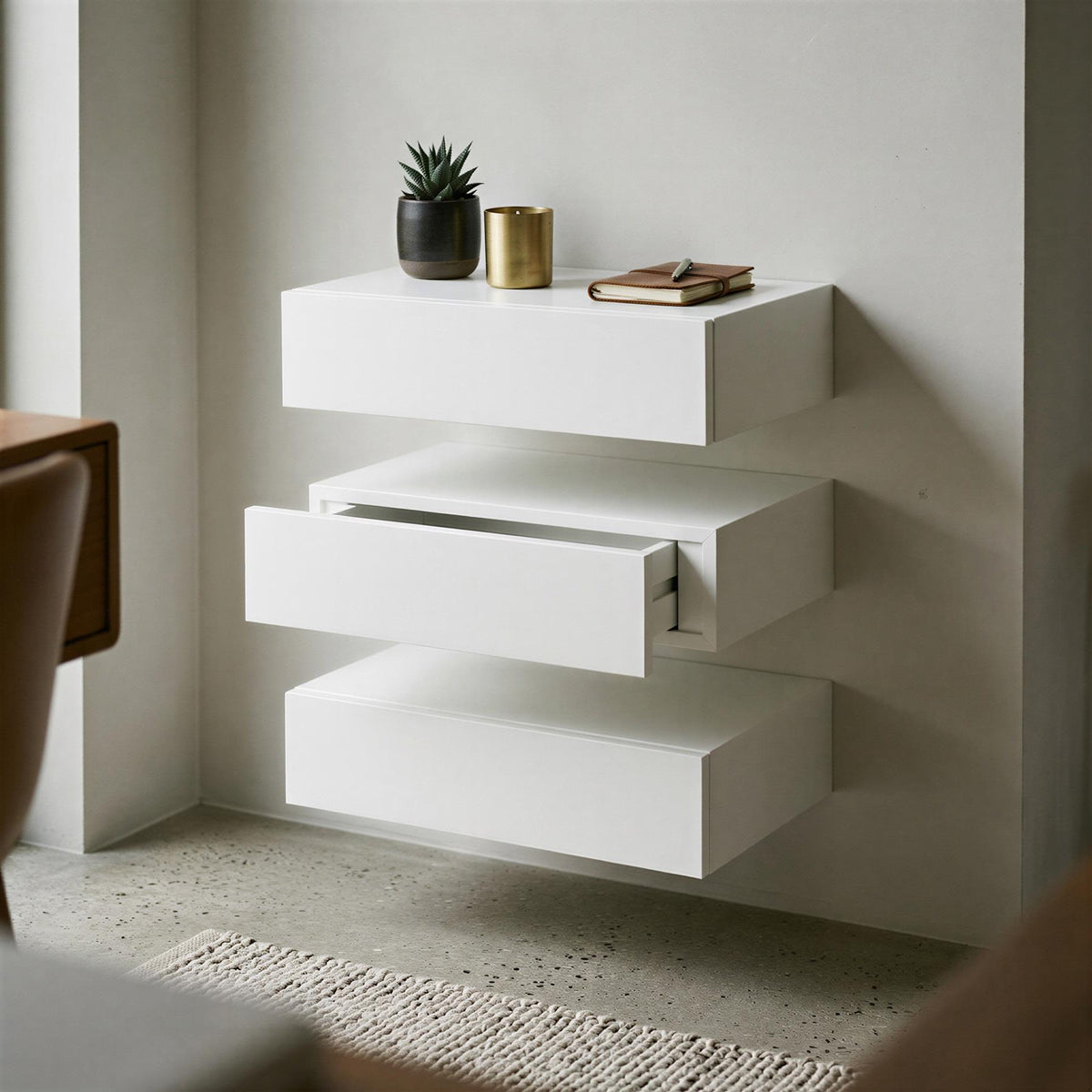 Wooden Floating Shelf with Drawer - 40cm - White