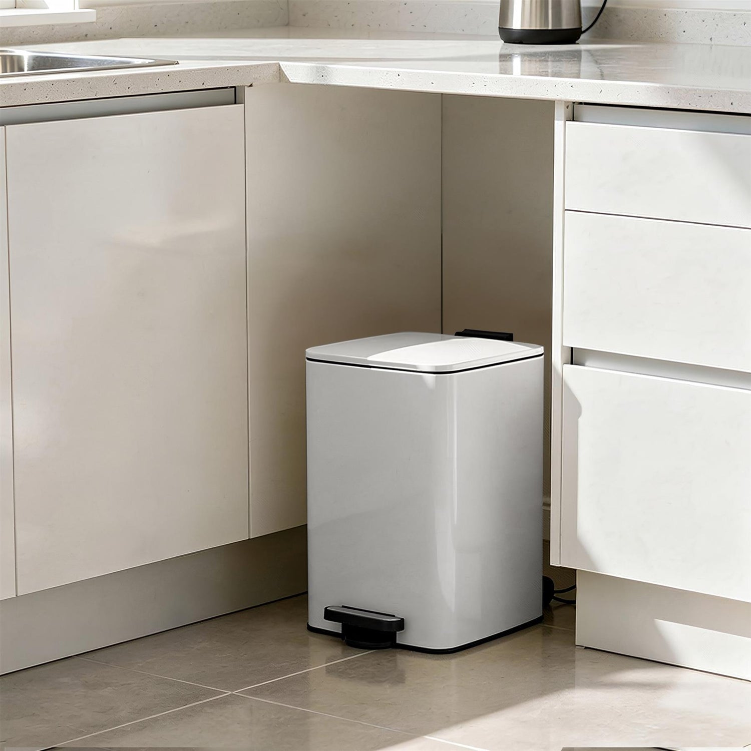 20L Square Stainless Steel Kitchen Pedal Bin - White