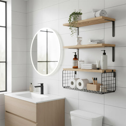 Set of 3 Rustic Wooden Bathroom Shelves with Wire Storage Basket