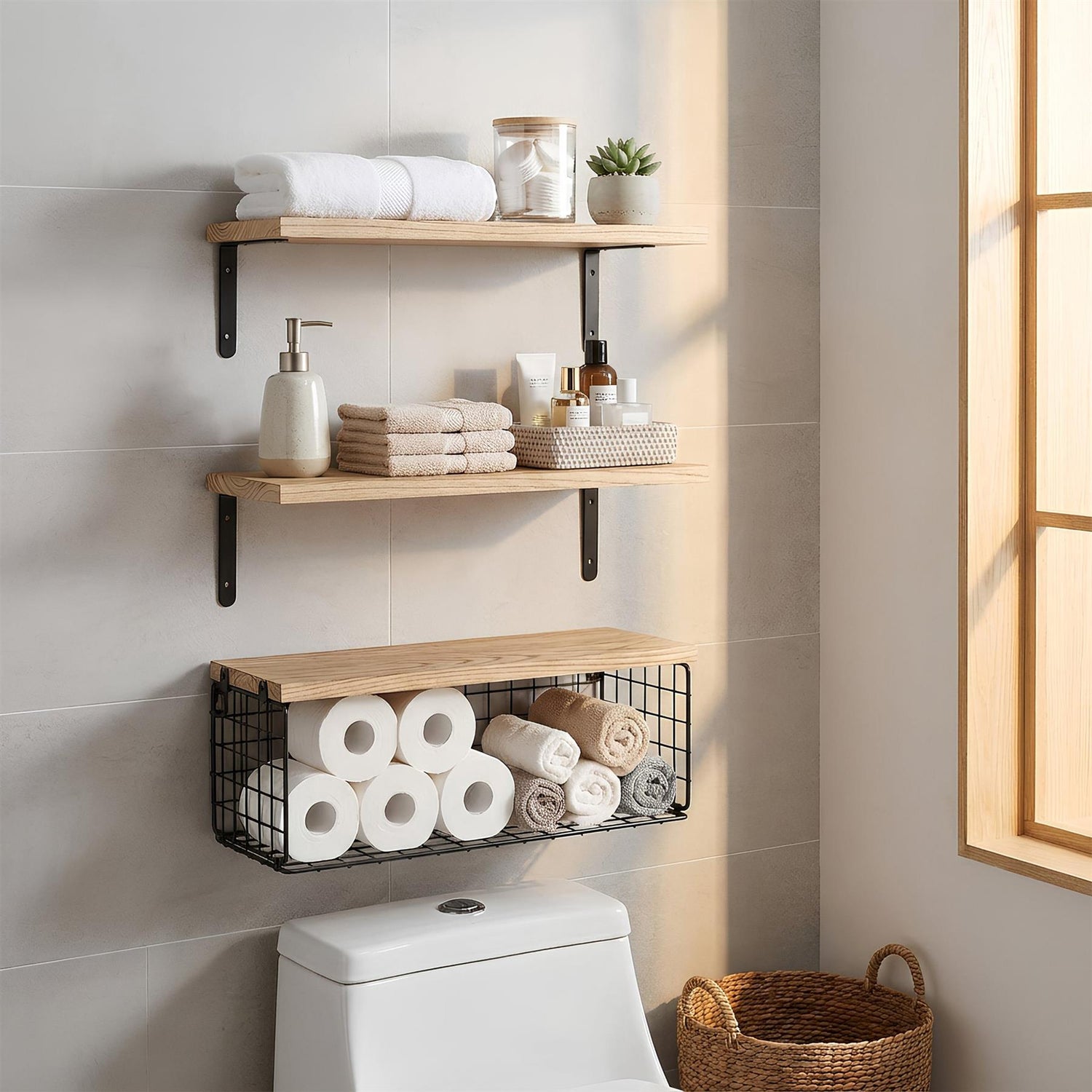 Set of 3 Rustic Wooden Bathroom Shelves with Wire Storage Basket