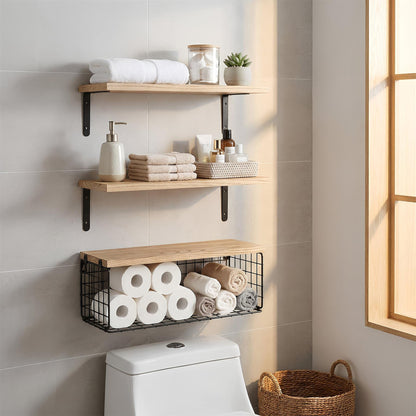 Set of 3 Rustic Wooden Bathroom Shelves with Wire Storage Basket