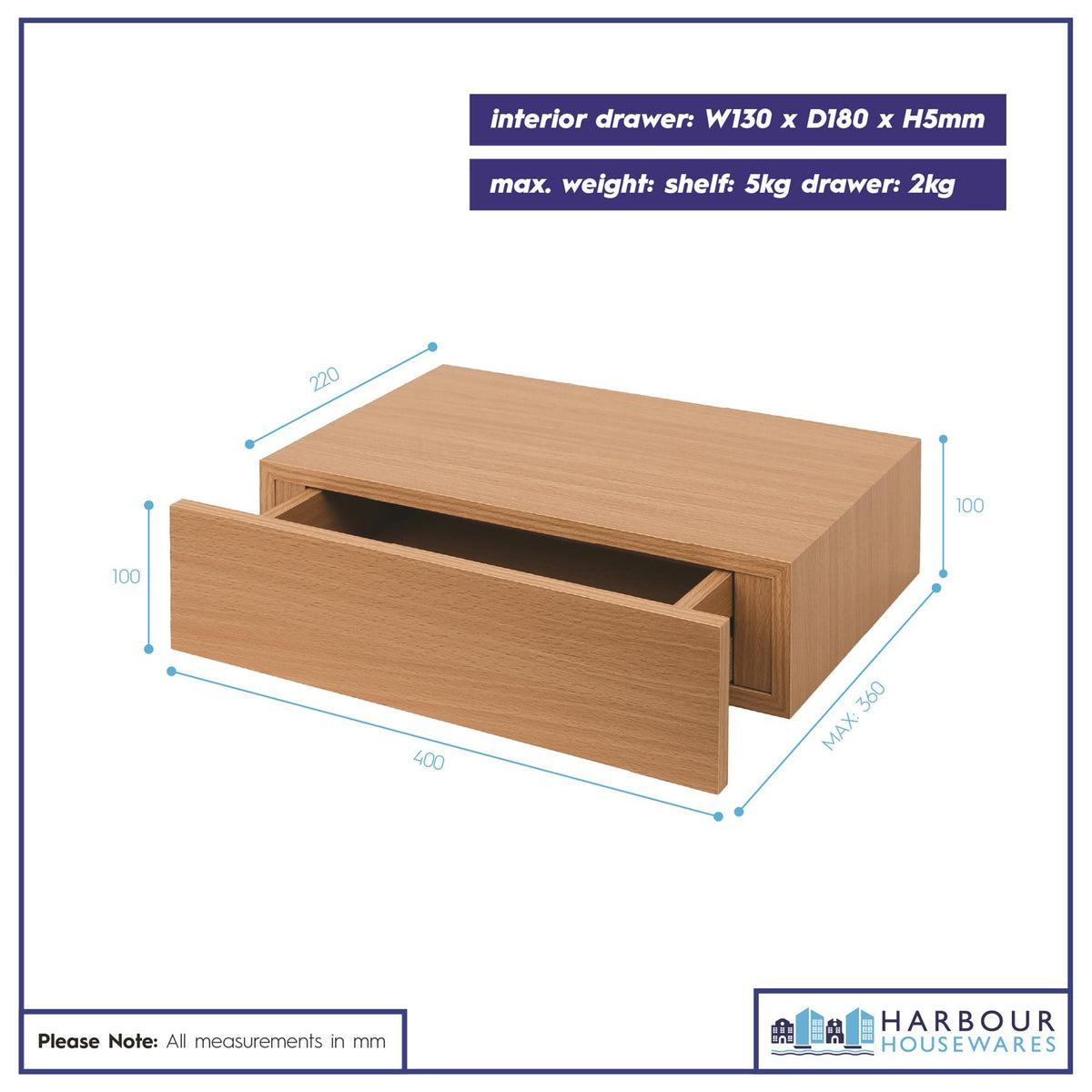 Wooden Floating Shelf with Drawer - 40cm - Light Oak