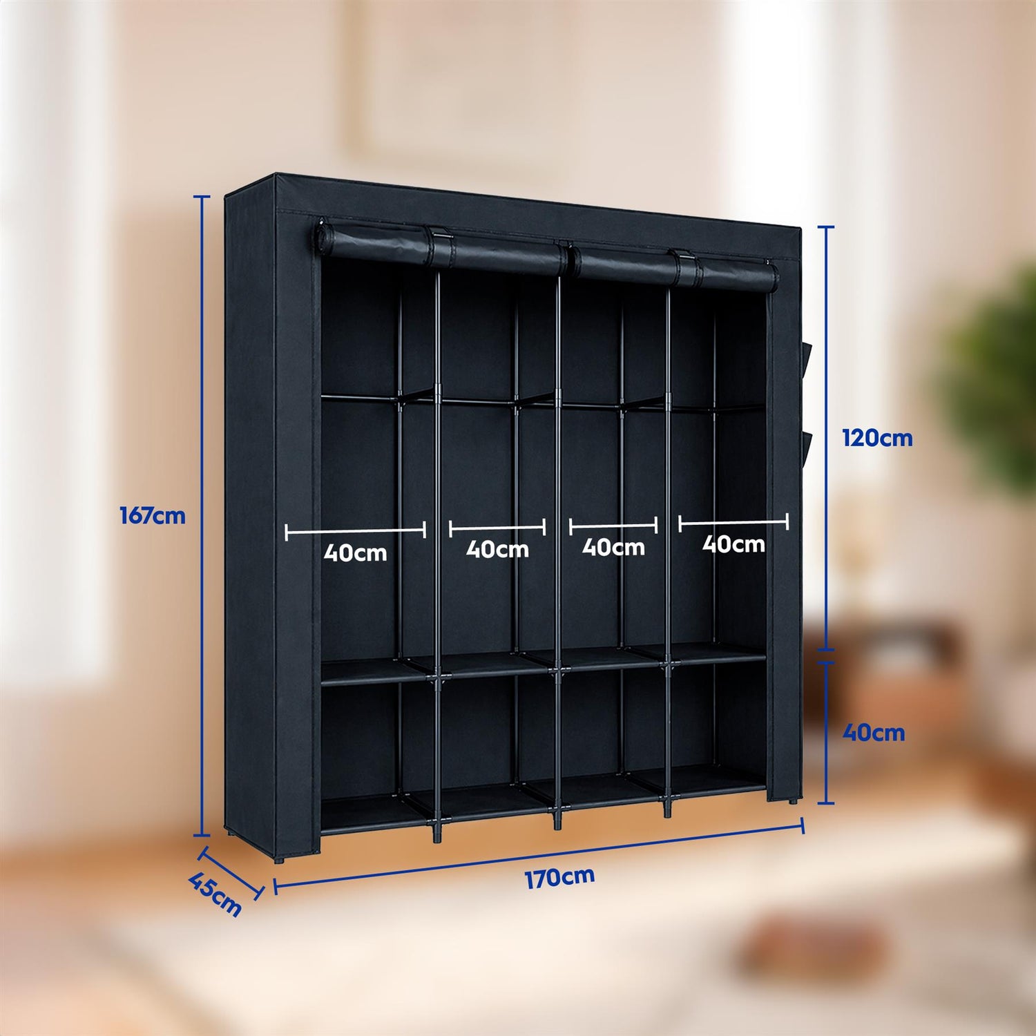 Portable Fabric Wardrobe - 170 x 45 x 167cm - Black