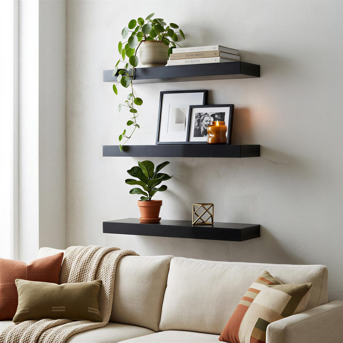 Wooden Floating Shelves - 40cm - Black - Pack of 3