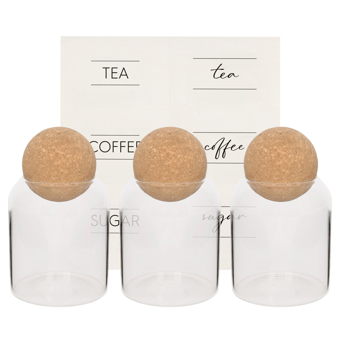 Cork Ball Lid Glass Tea Coffee Sugar Jars - Pack of 3