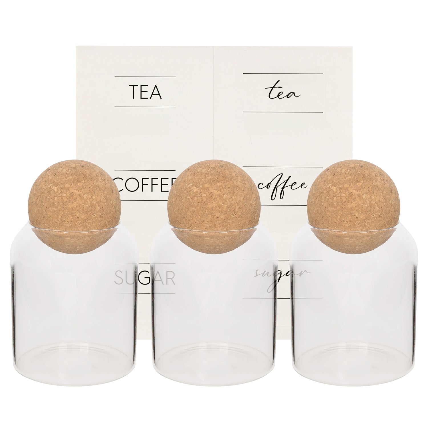 Cork Ball Lid Glass Tea Coffee Sugar Jars - Pack of 3