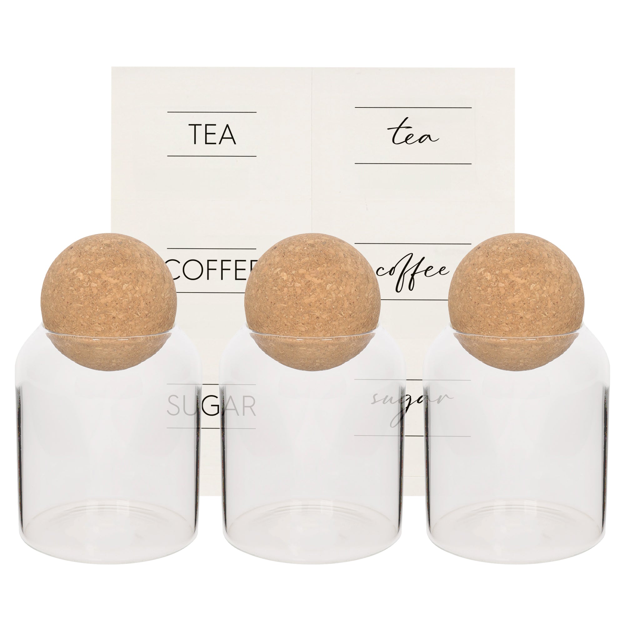 Cork Ball Lid Glass Tea Coffee Sugar Jars - Pack of 3