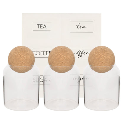 Cork Ball Lid Glass Tea Coffee Sugar Jars - Pack of 3