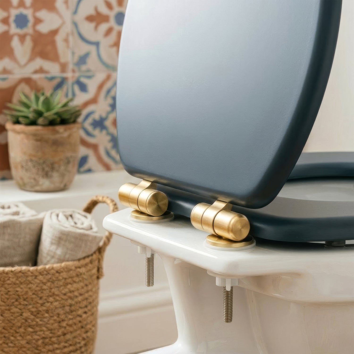 Wooden Soft Close Toilet Seat - Blue/Gold