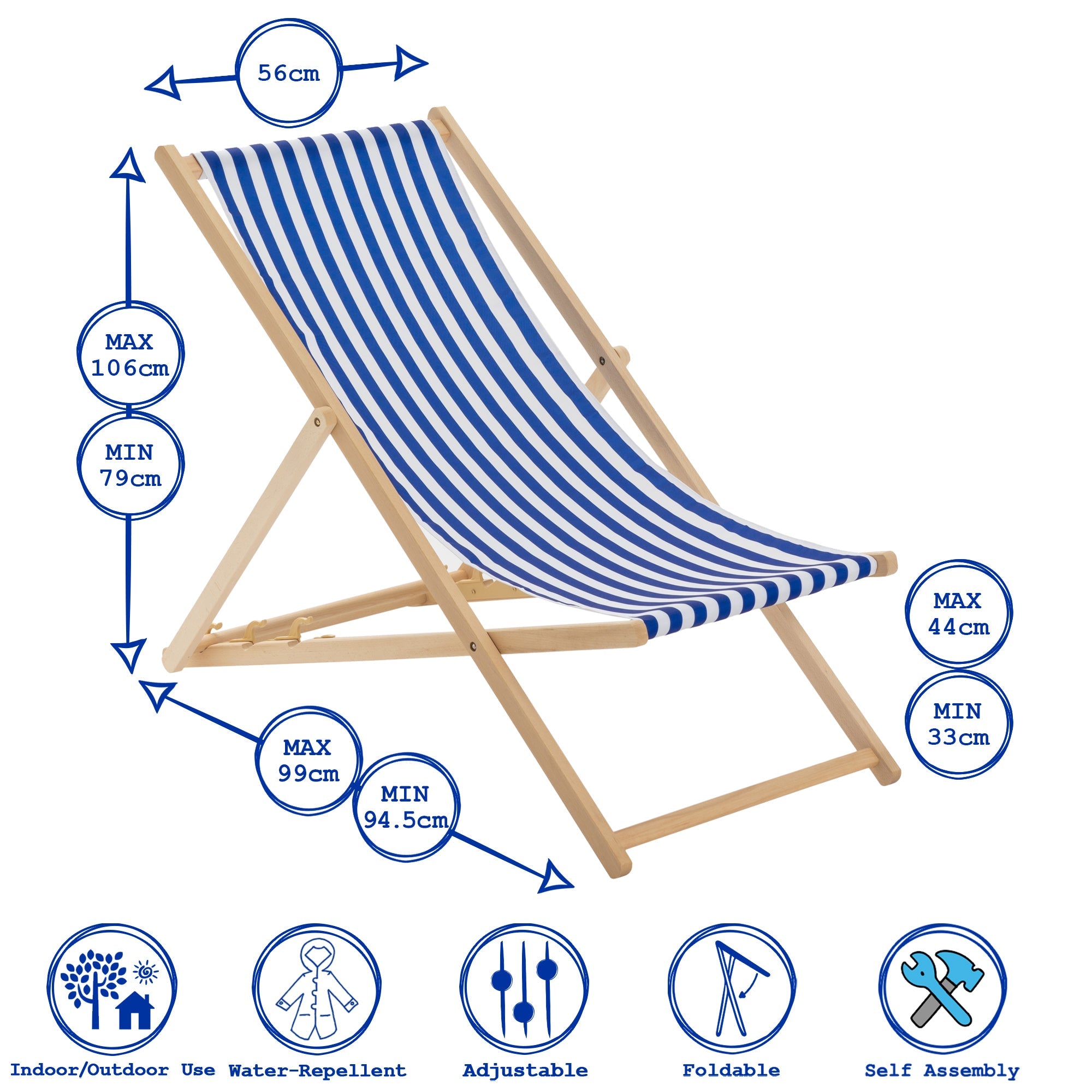 Harbour Housewares Beach Deck Chair - Light Blue with Beech Wood Frame