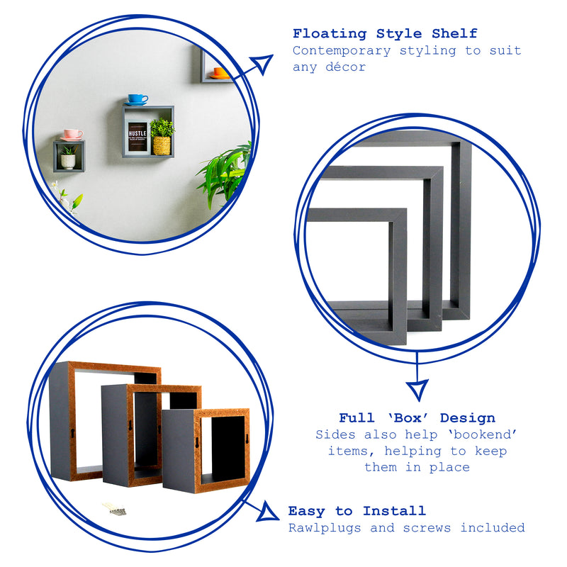 3pc Grey Modern Box Floating Shelves Set - By Harbour Housewares