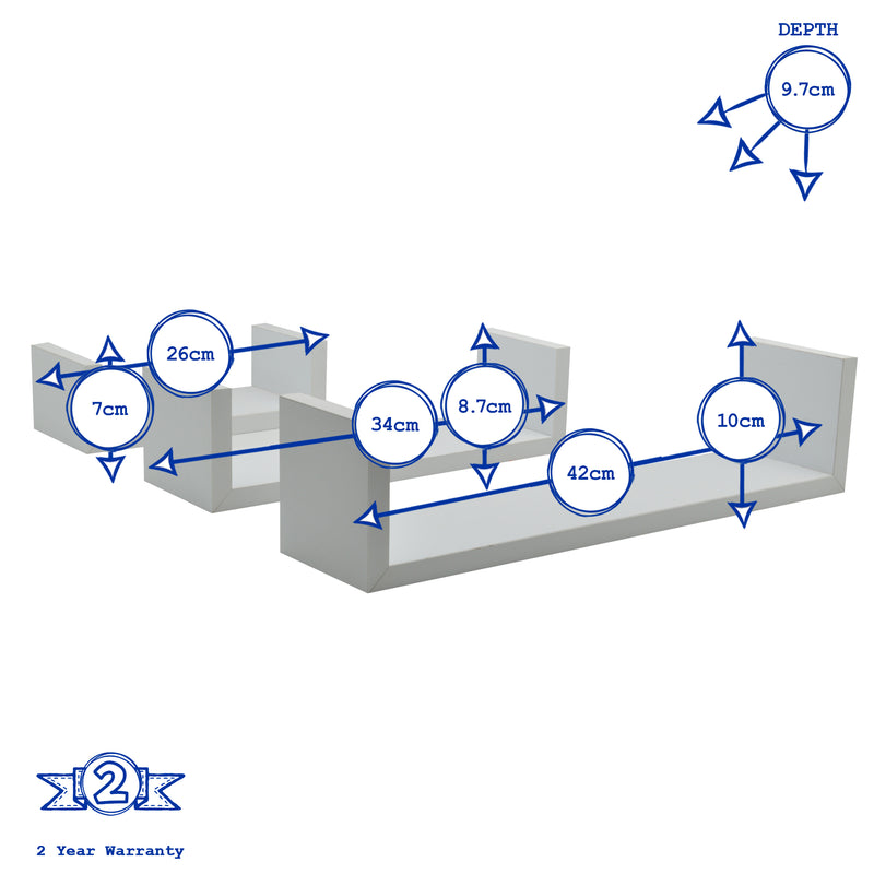 3pc White Modern U Shaped Floating Shelves - By Harbour Housewares