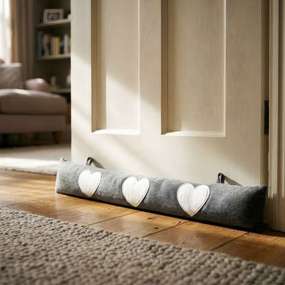 Nicola Spring Fabric Draught Excluder - Grey Herringbone with Hearts