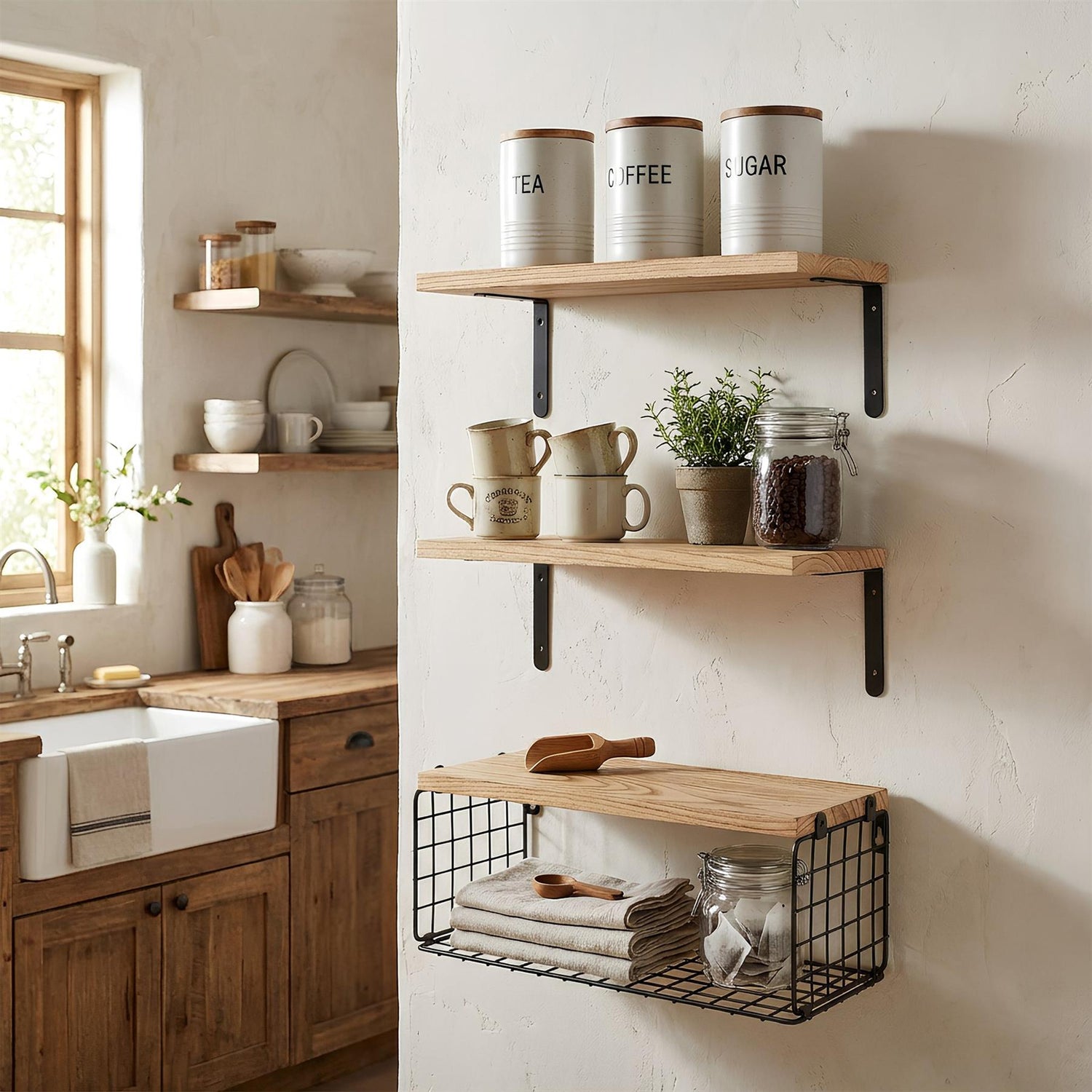 Set of 3 Rustic Wooden Bathroom Shelves with Wire Storage Basket