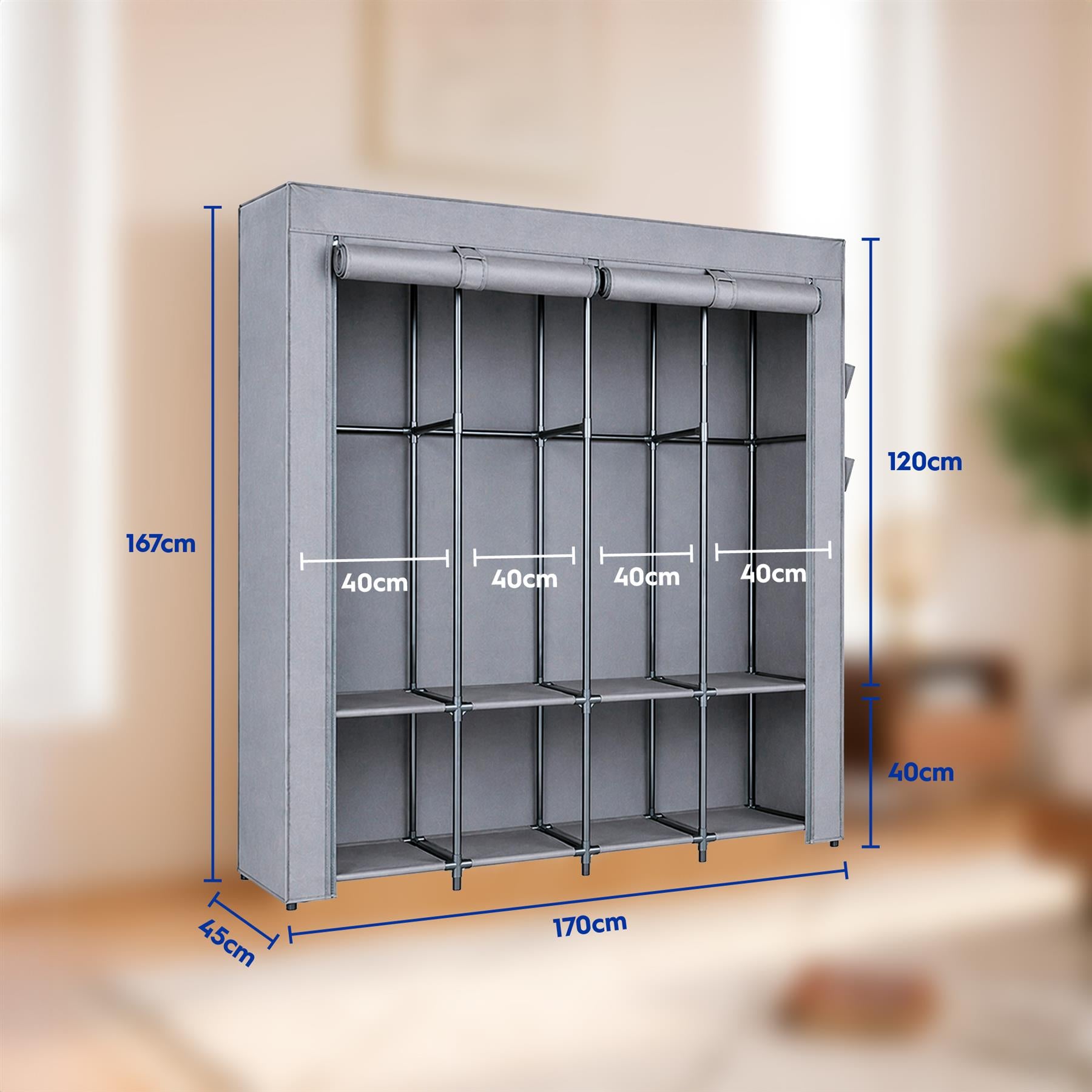 Portable Fabric Wardrobe - 170 x 45 x 167cm - Grey