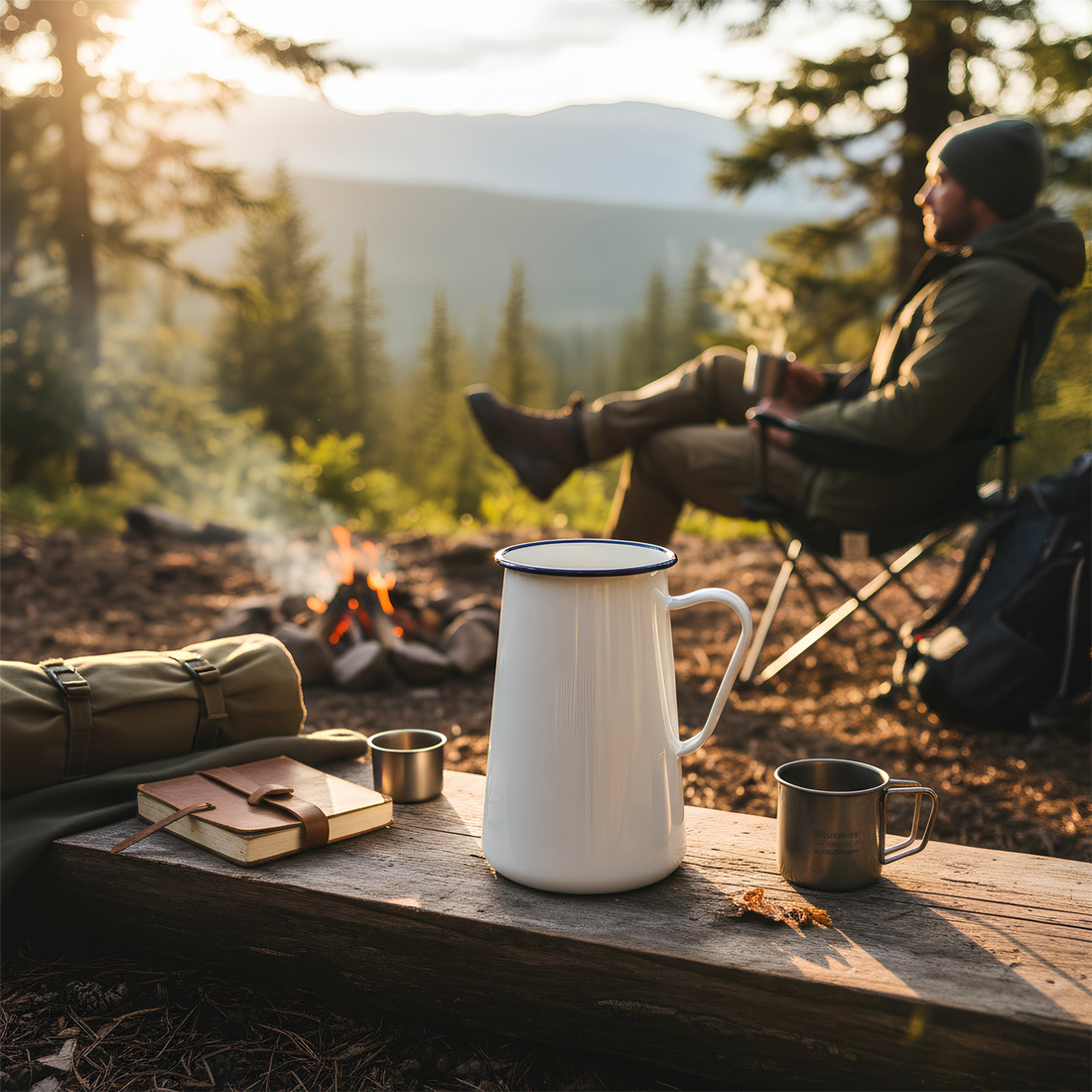 2.1L White Enamel Water Jug - Blue