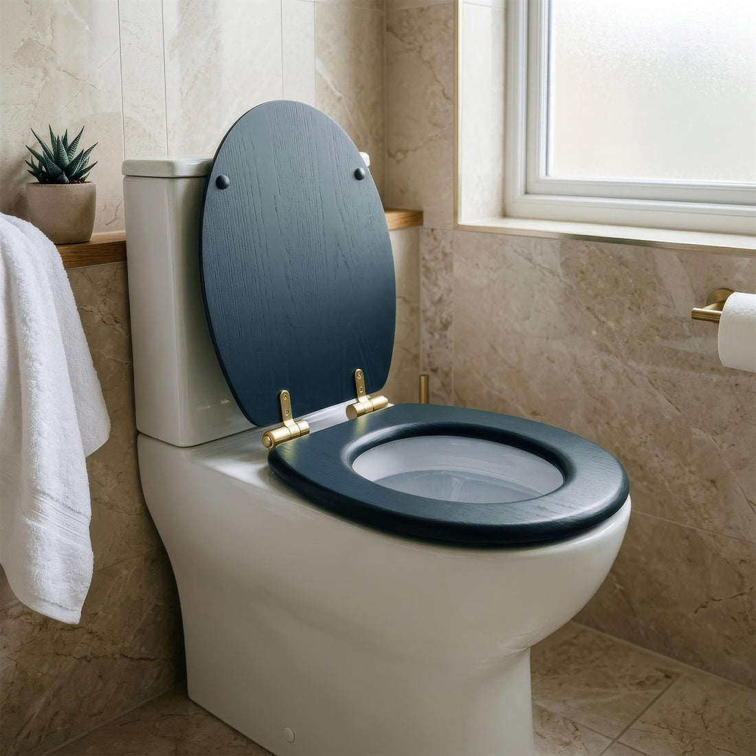 Wooden Soft Close Toilet Seat - Blue/Gold