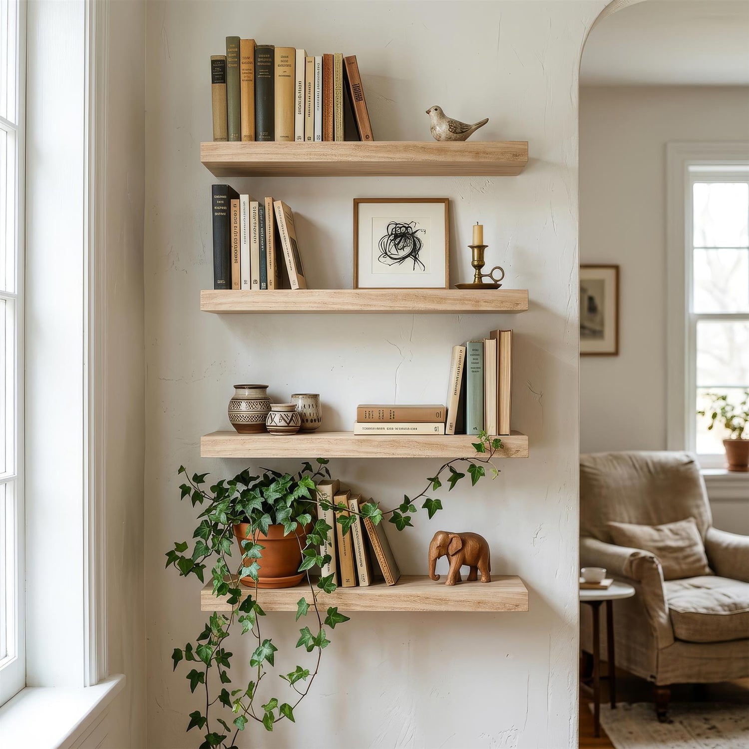 4 Piece Rustic Wooden Floating Shelf Set - 40cm