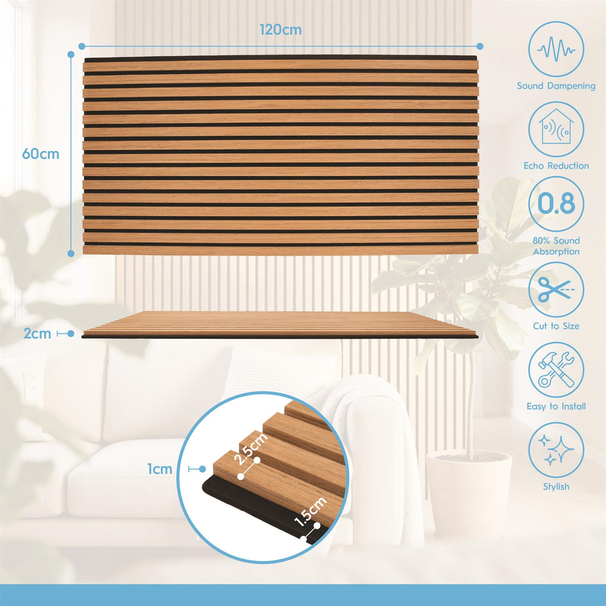 Wooden Acoustic Wall Panel - 120 x 60cm - Light Oak/Black