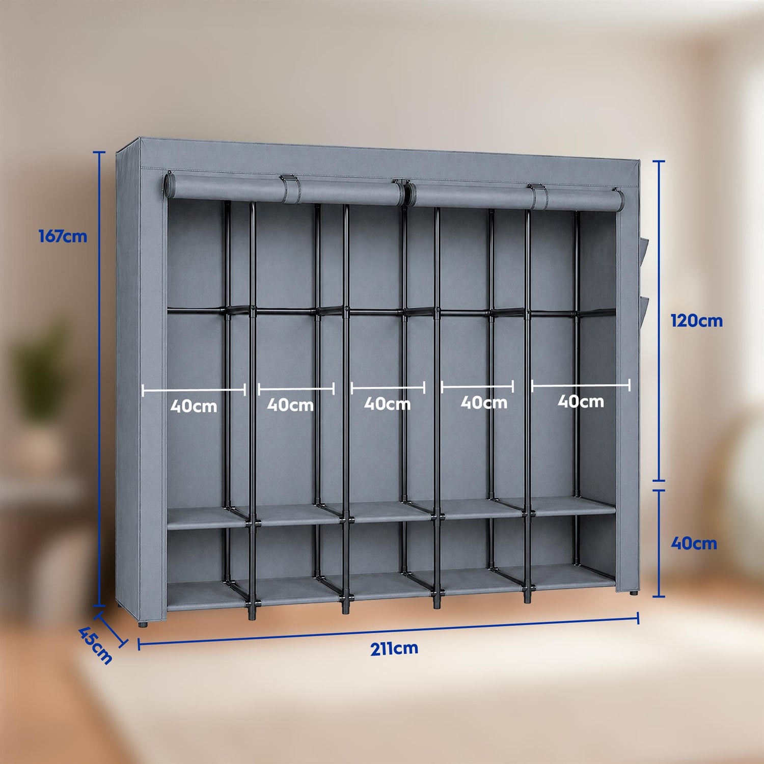 Portable Fabric Wardrobe - 211 x 45 x 167cm - Grey