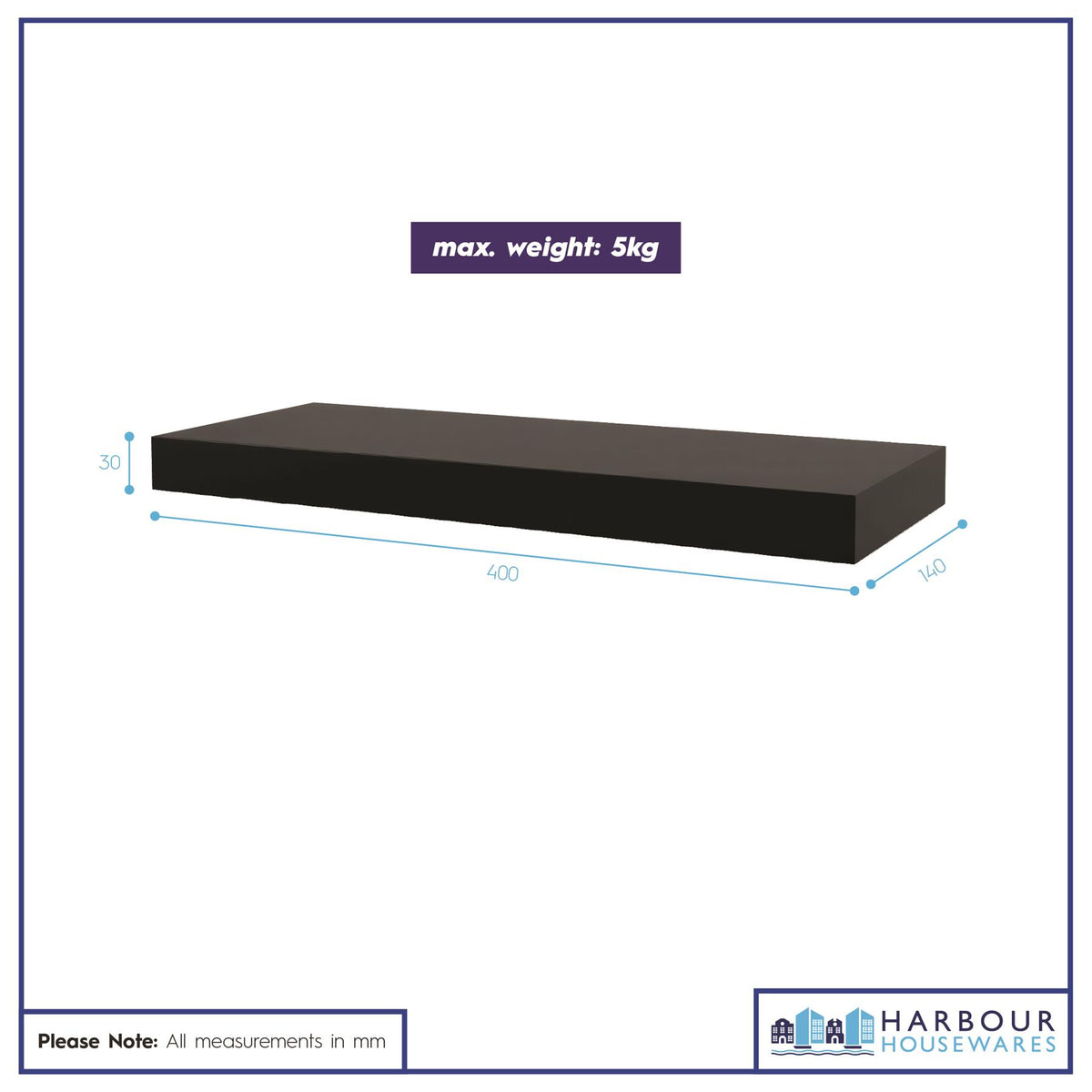 Wooden Floating Shelves - 40cm - Black - Pack of 3