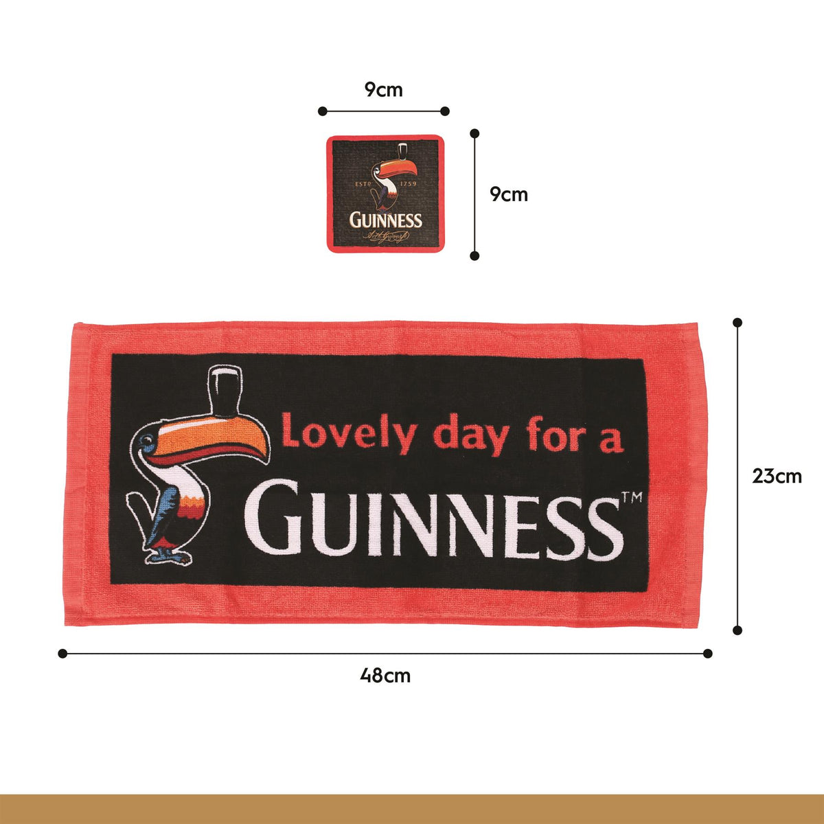 Guinness Toucan Bar Towel &amp; Coasters Set - 23 x 48cm - Black/Red