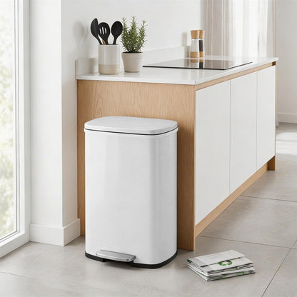50L Square Stainless Steel Kitchen Pedal Bin - White