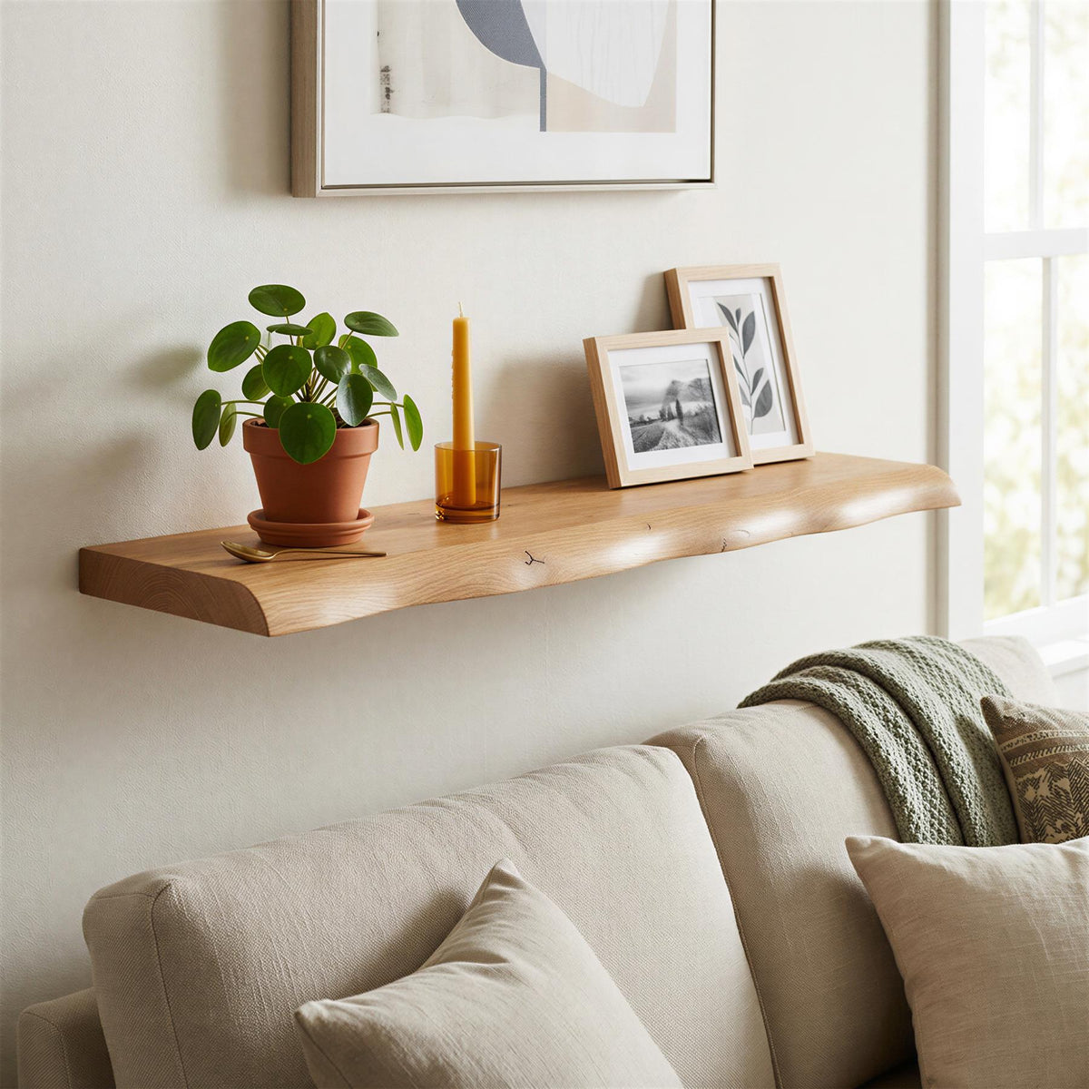 Wooden Live Edge Floating Shelf - 80cm - Light Oak