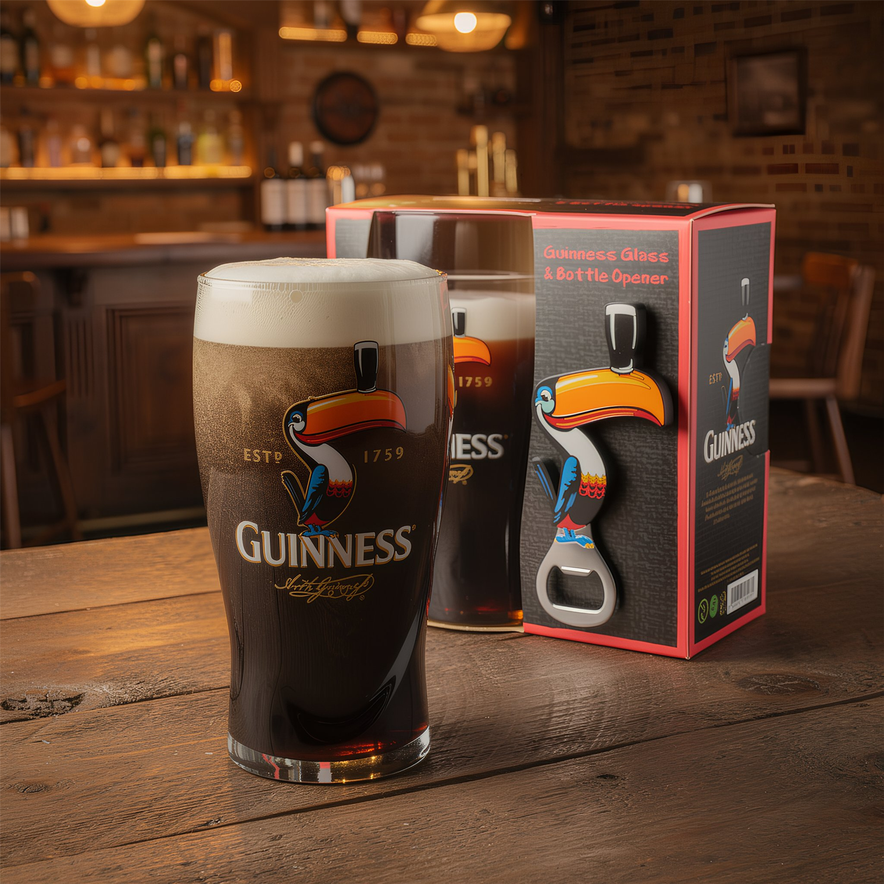 Guinness 2pc Toucan Pint Glass with Bottle Opener Set