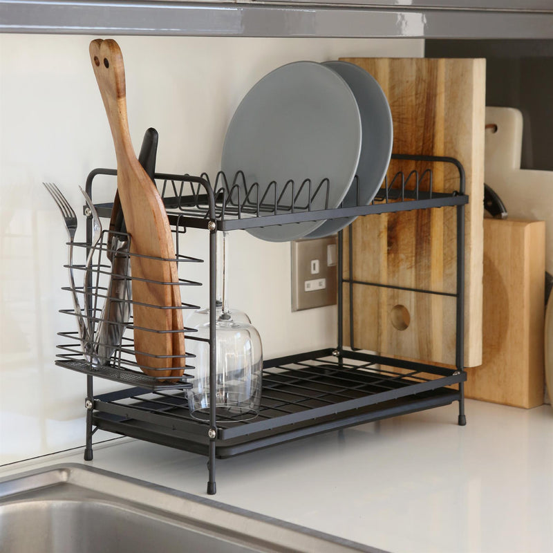 Metal 2-Tier Dish Drainer Rack with Drip Tray - Black