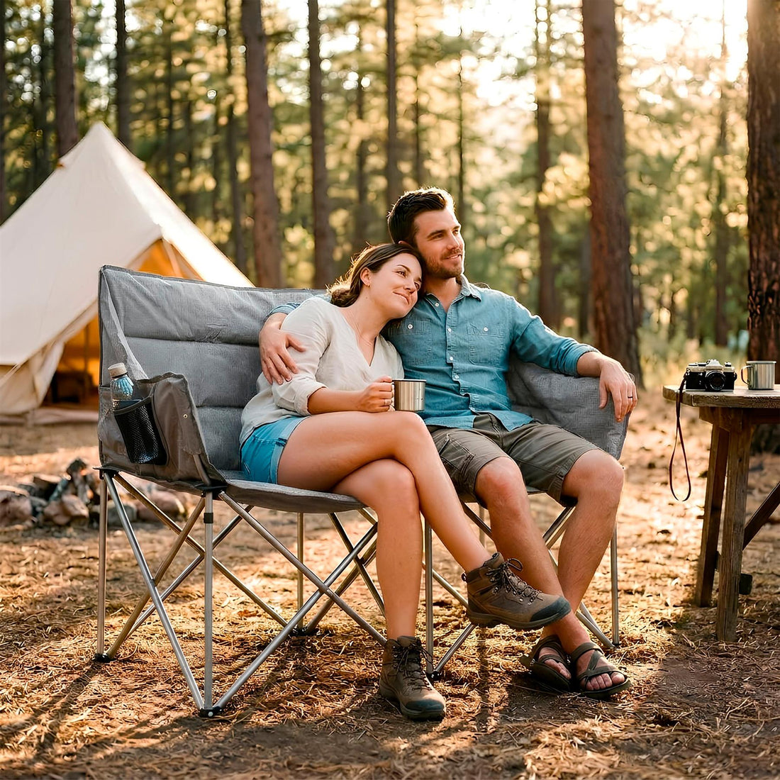 Padded Folding Double Camping Chair - Grey