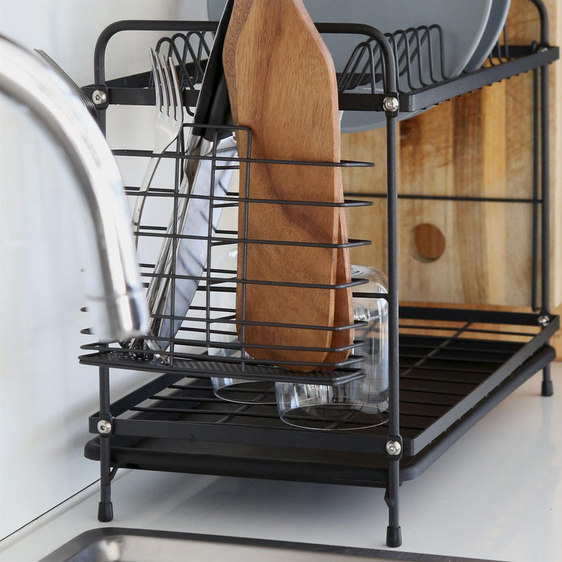 Metal 2-Tier Dish Drainer Rack with Drip Tray - Black