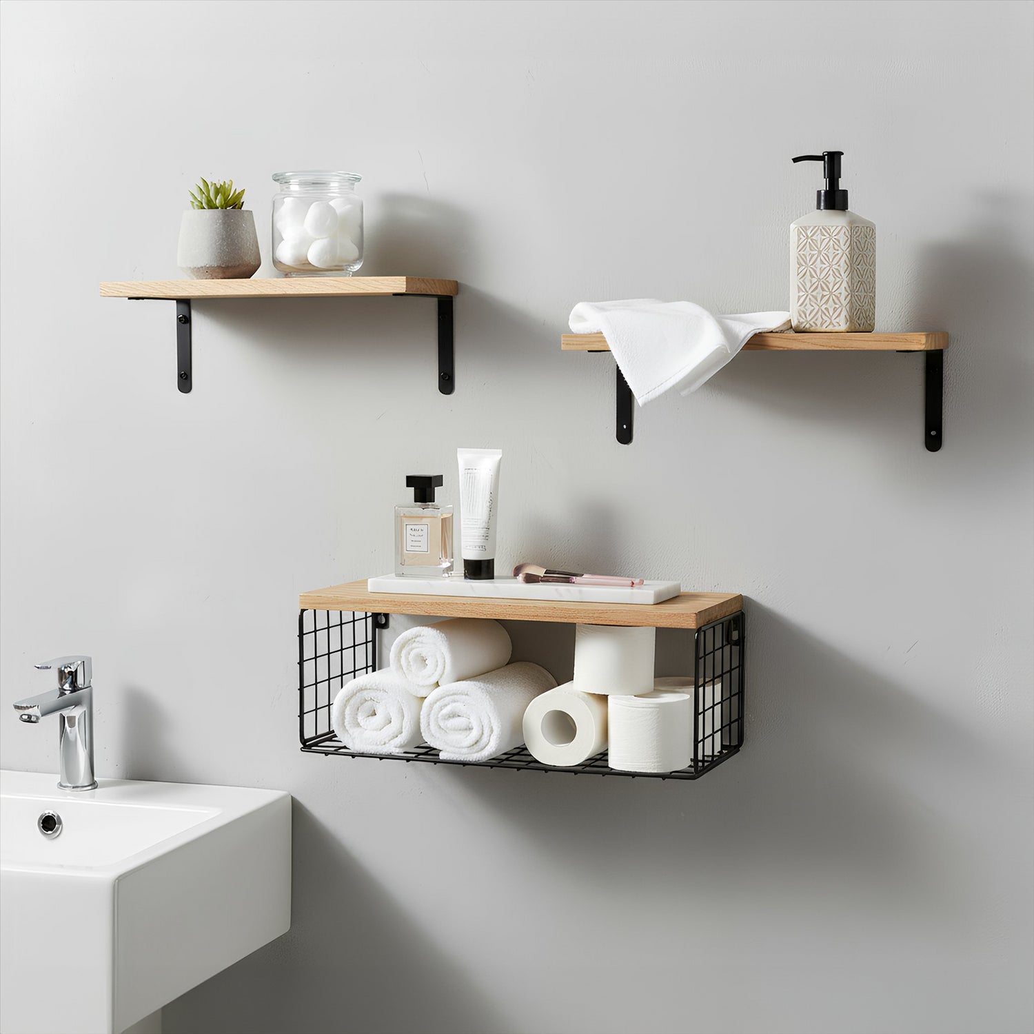 Set of 3 Rustic Wooden Bathroom Shelves with Wire Storage Basket