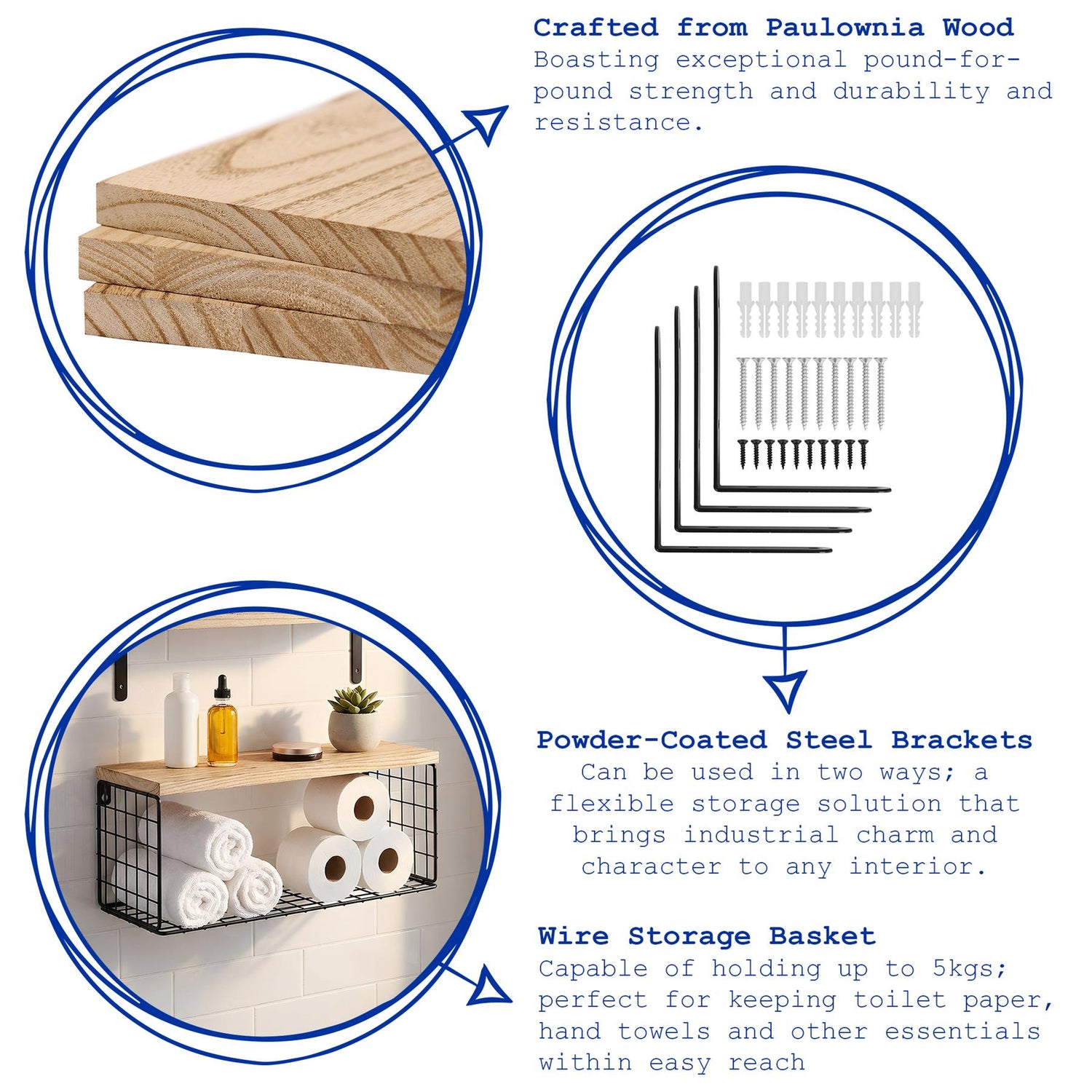 Set of 3 Rustic Wooden Bathroom Shelves with Wire Storage Basket