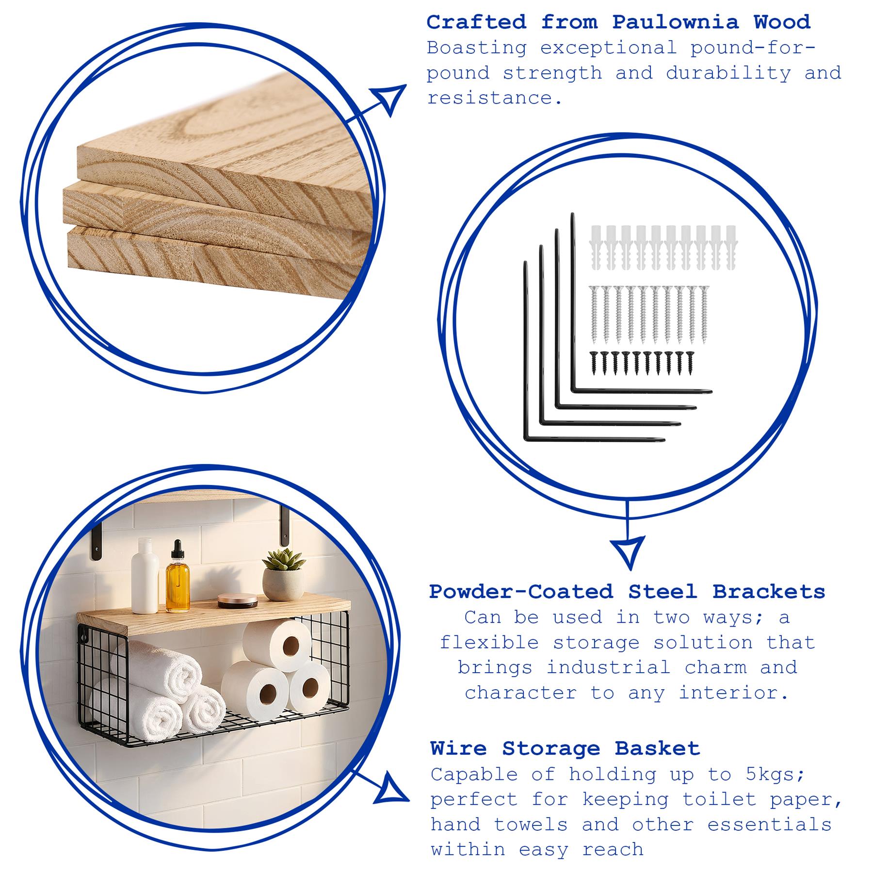 Set of 3 Rustic Wooden Bathroom Shelves with Wire Storage Basket