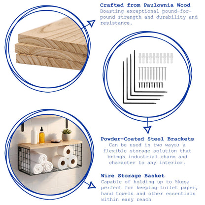 Set of 3 Rustic Wooden Bathroom Shelves with Wire Storage Basket