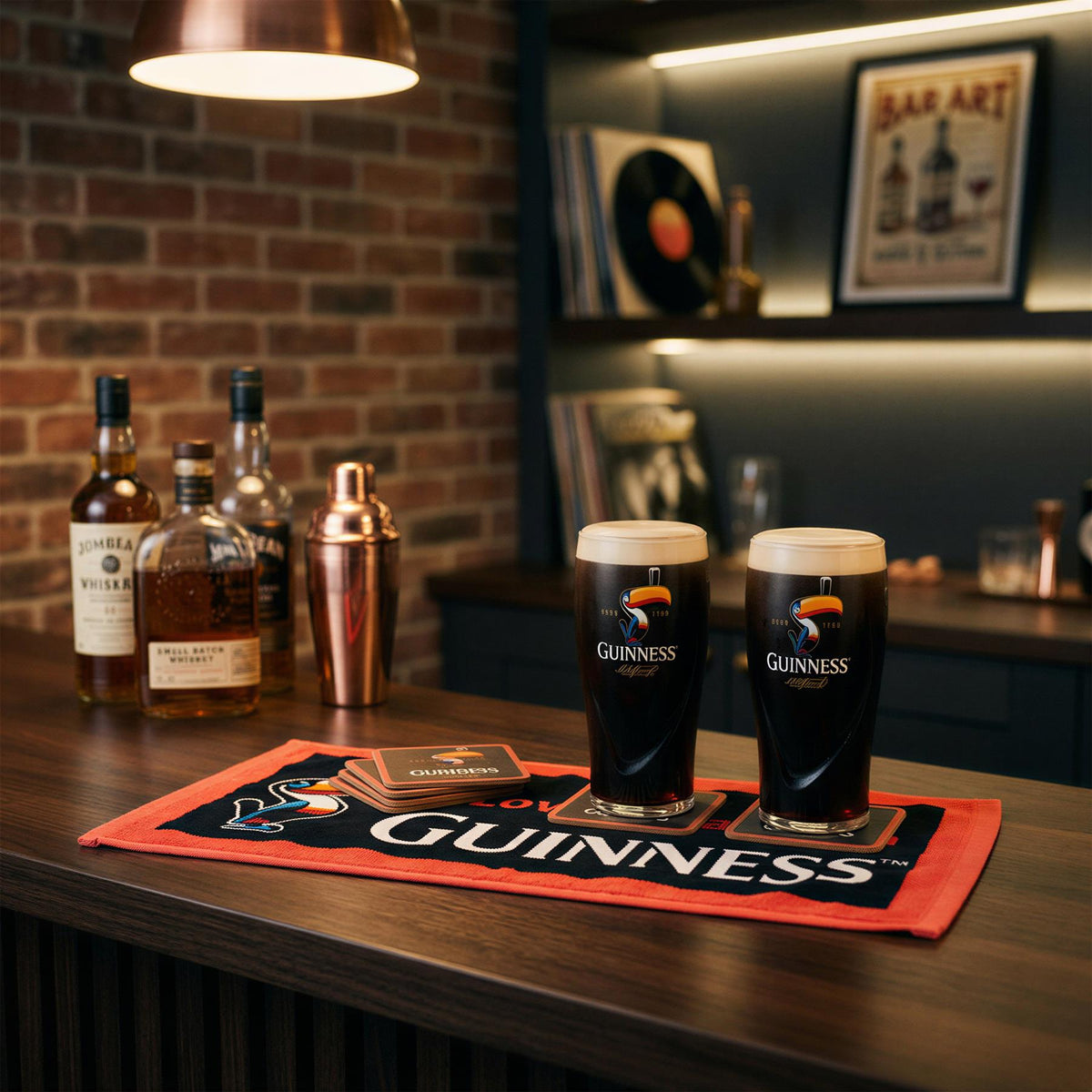 Guinness Toucan Bar Towel &amp; Coasters Set - 23 x 48cm - Black/Red